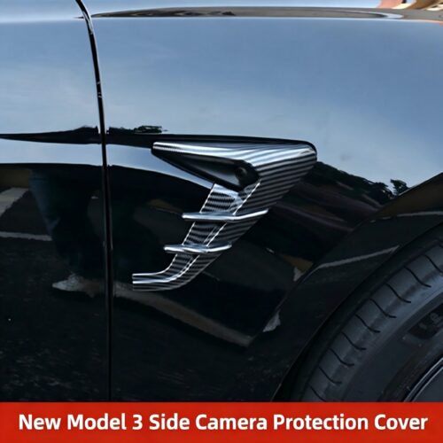 Tesla New Model 3 Refreshed Fender Side Camera Protector Cover, Sport Style Camera Trim Cap, Carbon Fiber Pattern Matte Black Exterior Mod Parts