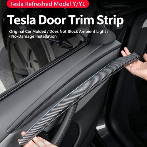 Tesla New Refreshed Model Y Interior Door Trim Cover, Carbon Fiber Pattern Door Panel Decor Strip, Anti-Stain Door Protection Trim, Non-Destructive Paste Interior Upgrade Mod Parts